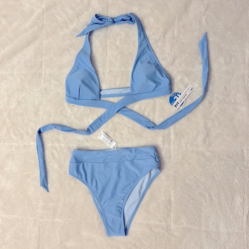 Cupshe Wrap Front & Cheeky Bikini Set — Blue — Size Small